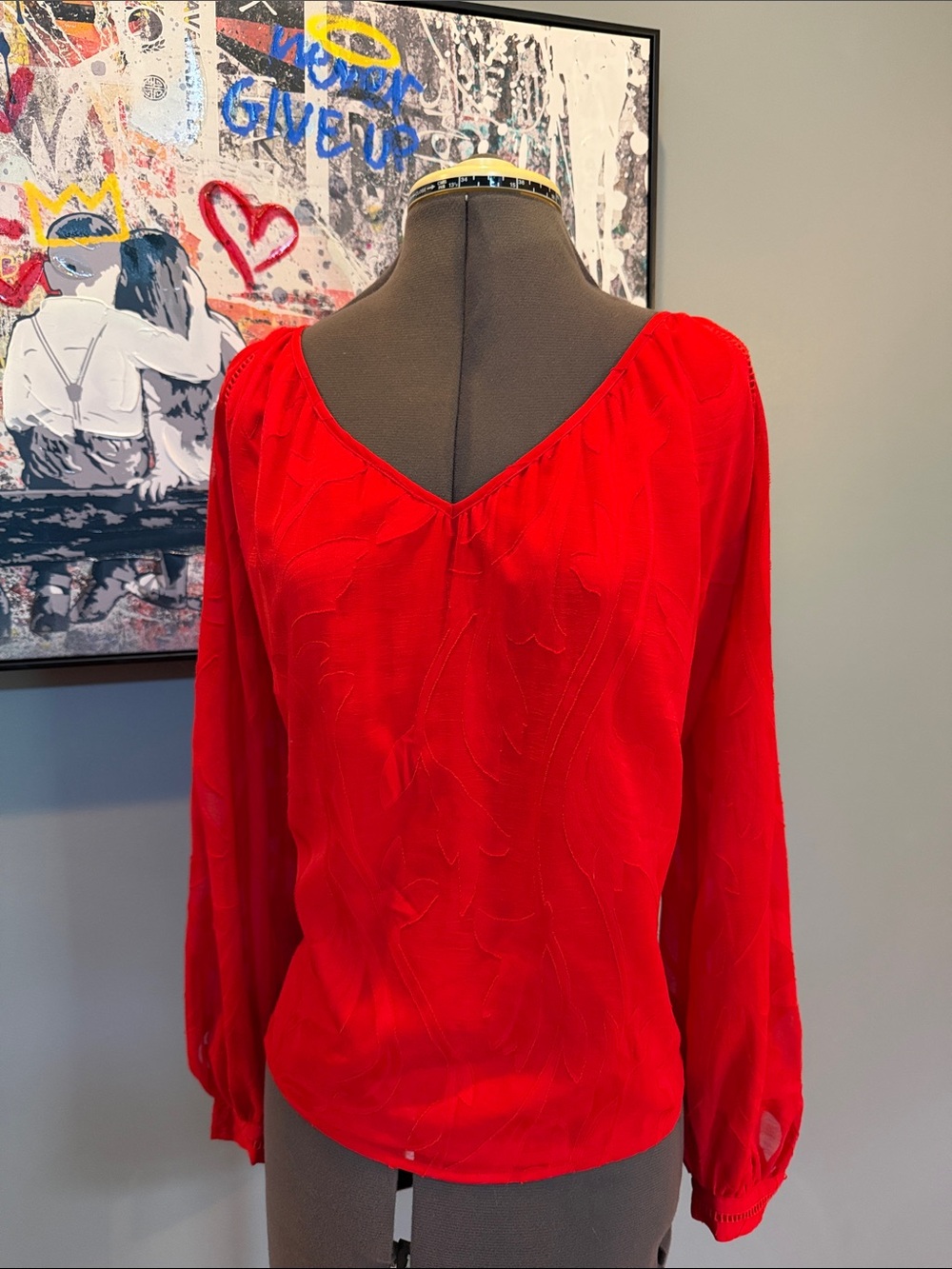 White House Black Market Red V-Neck Long-Sleeve Blouse